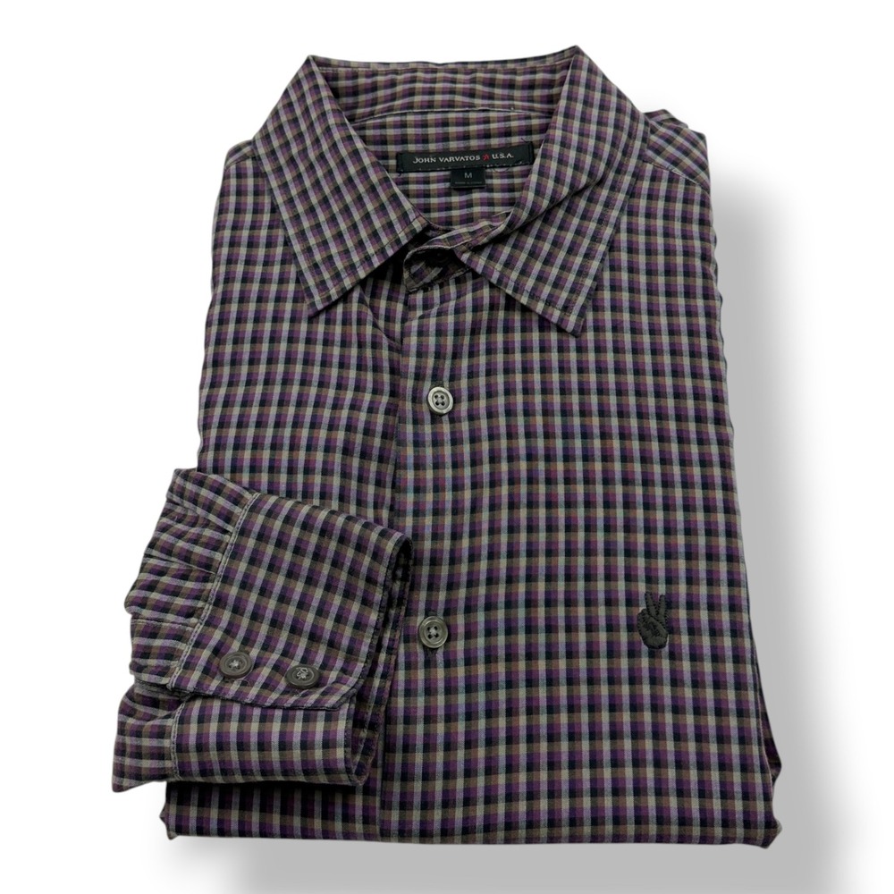 John Varvatos USA Mens Purple Gingham Check Peace Sign Button Down Shirt Medium